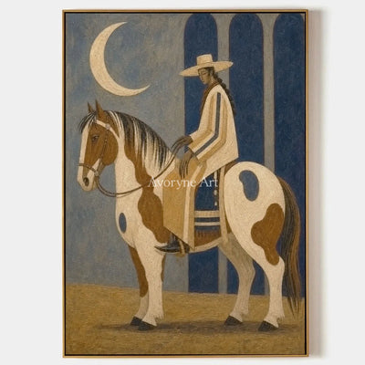 Moonlit Pinto: Brown Horse and Rider Vertical Wall Art — primary