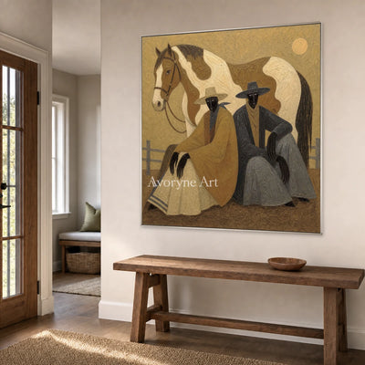 Companions at Sundown: Brown Horse and Seated Figures Square Wall Art — entry silver