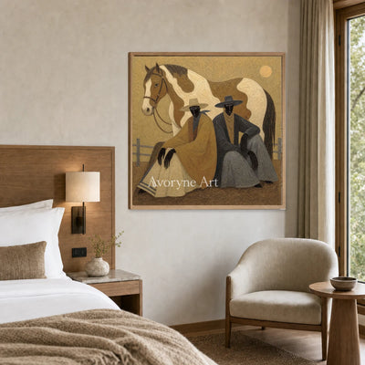 Companions at Sundown: Brown Horse and Seated Figures Square Wall Art — hotel wood