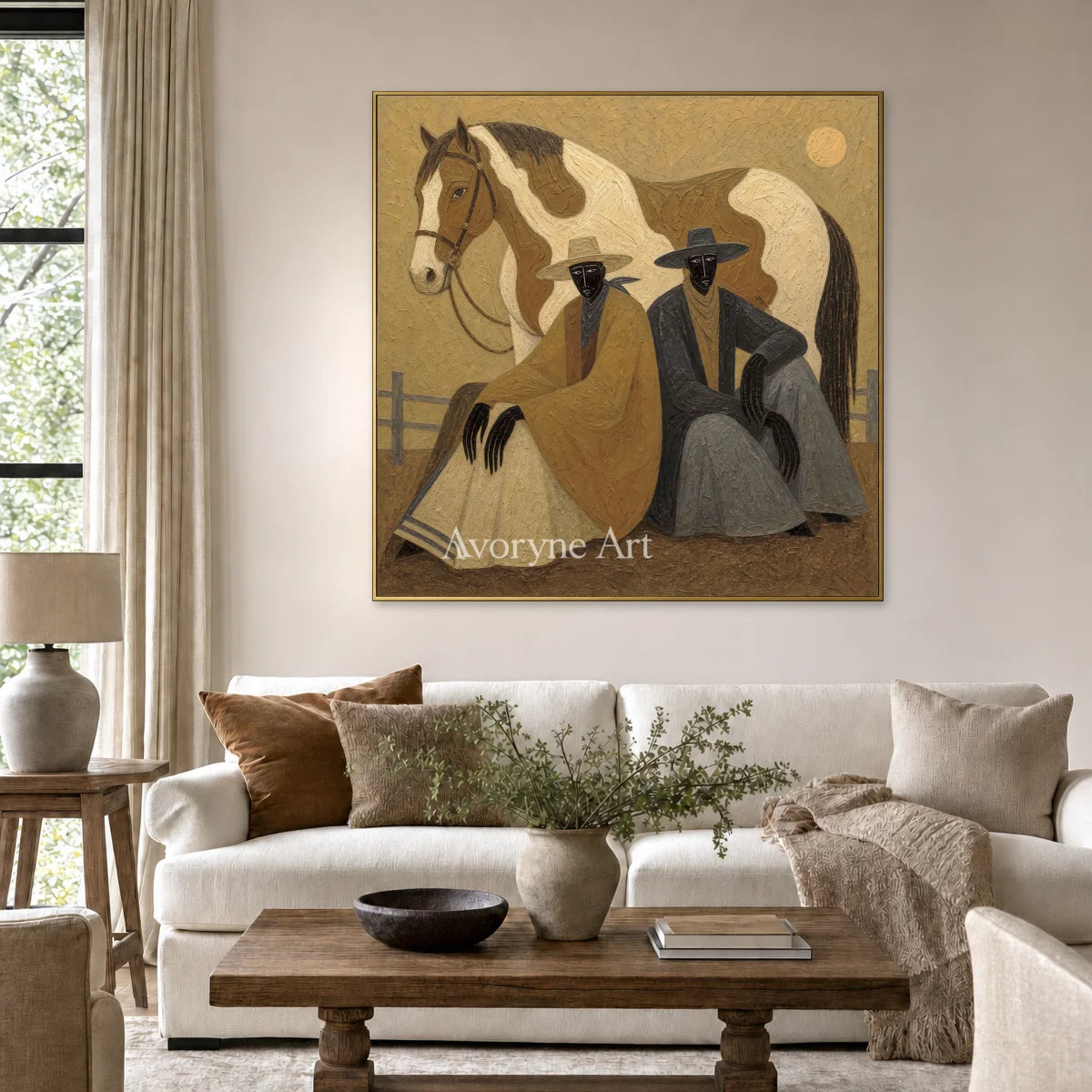Companions at Sundown: Brown Horse and Seated Figures Square Wall Art — living gold