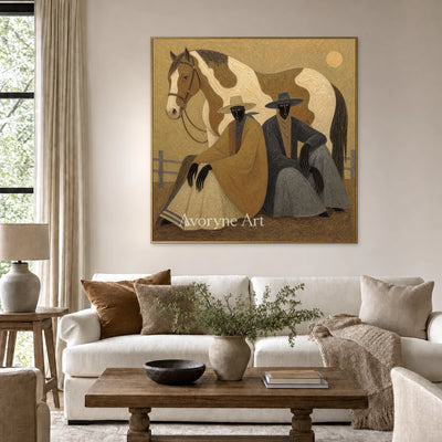 Companions at Sundown: Brown Horse and Seated Figures Square Wall Art — living gold