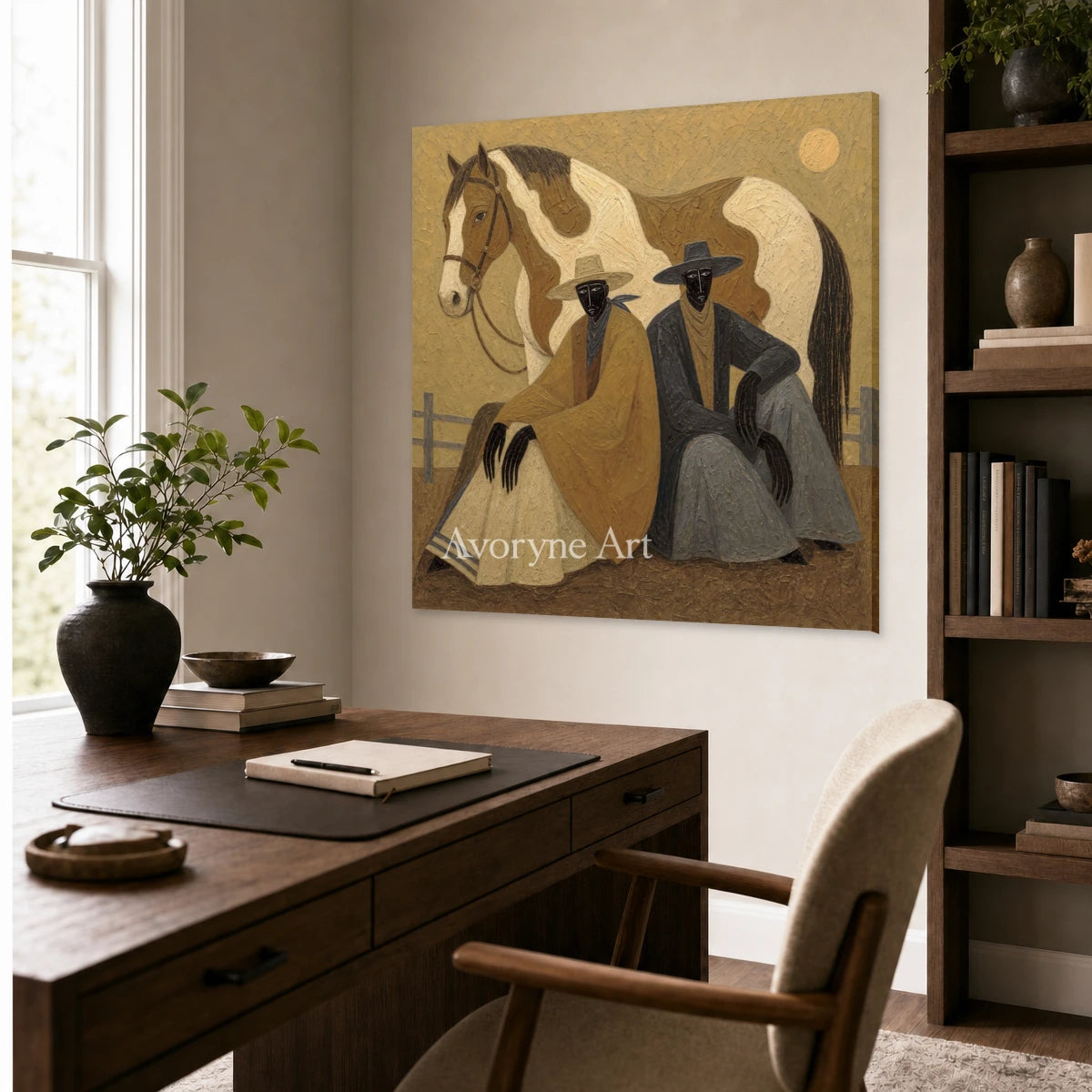 Companions at Sundown: Brown Horse and Seated Figures Square Wall Art — office frameless