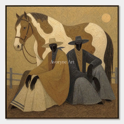 Companions at Sundown: Brown Horse and Seated Figures Square Wall Art — primary