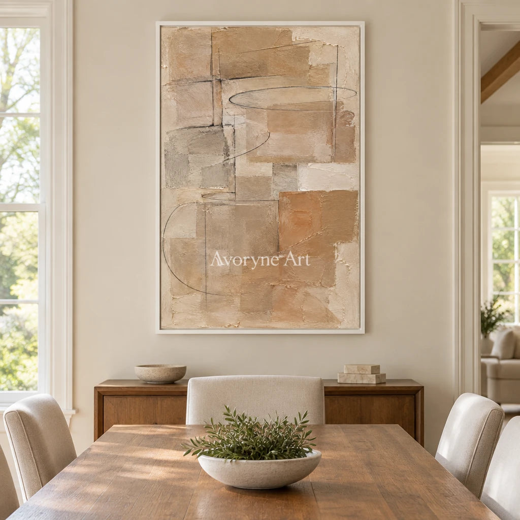 Clay Palimpsest: Brown Layered Abstract Art — dining white