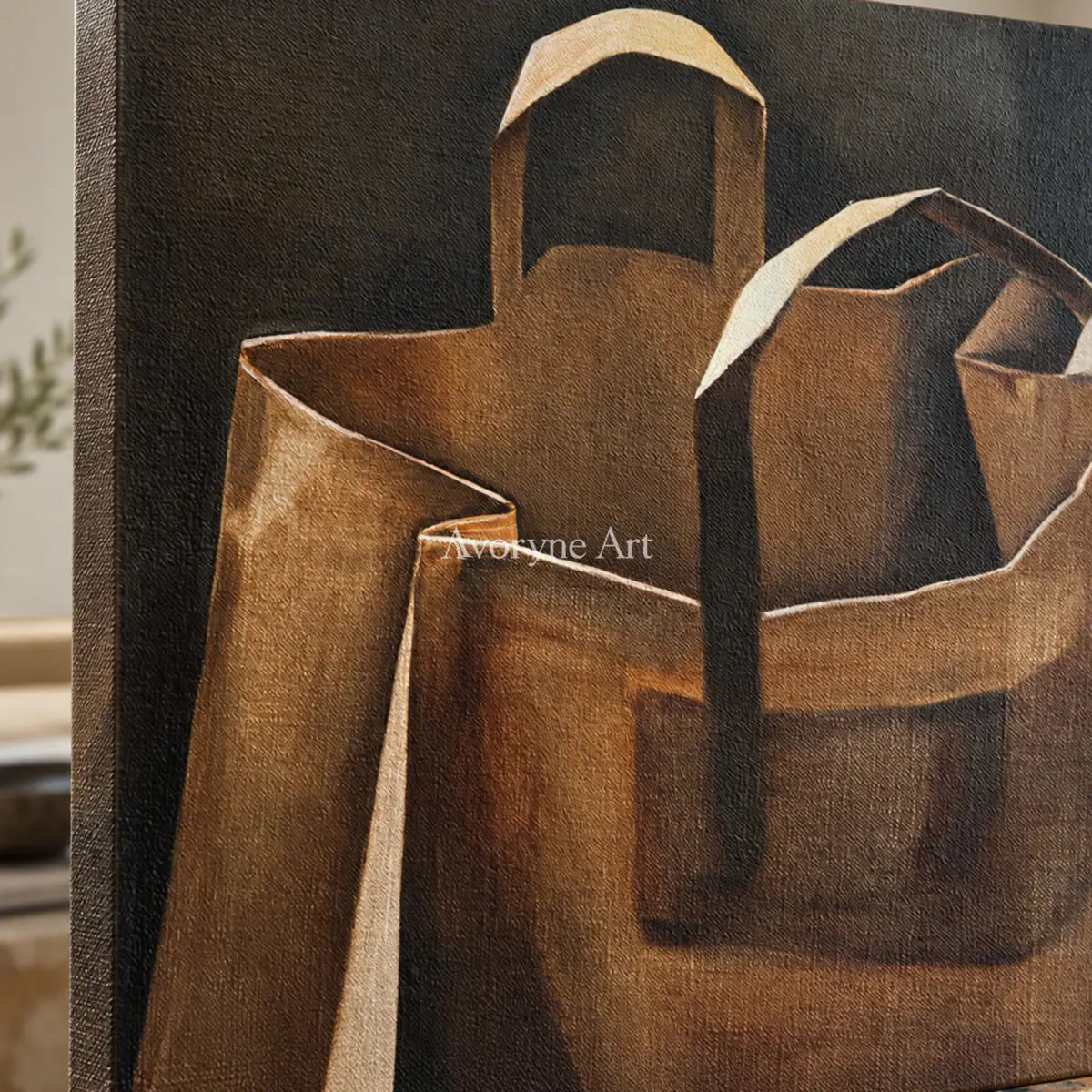 Folded Errand: Brown Paper Bag Still Life Wall Art — detail easel