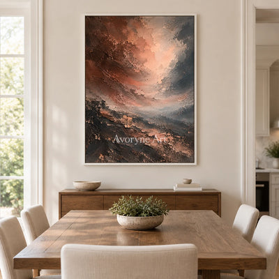 Copper Vortex: Brown Textured Abstract Wall Art — dining white