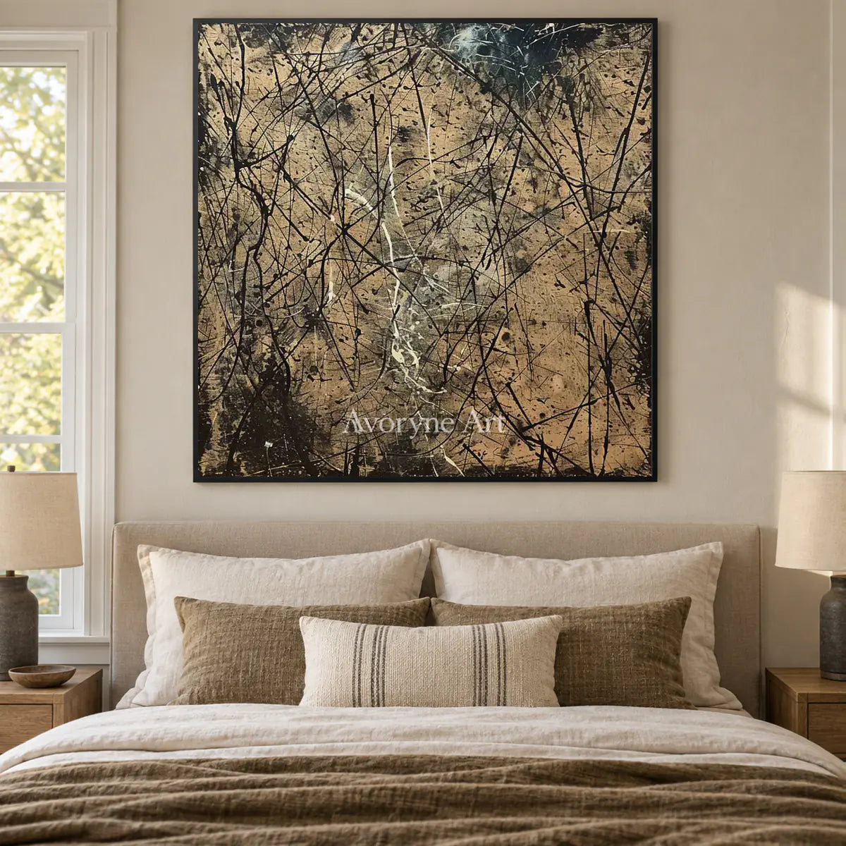 Umber Entanglement: Brown Textured Drip Abstract Wall Art — bedroom black