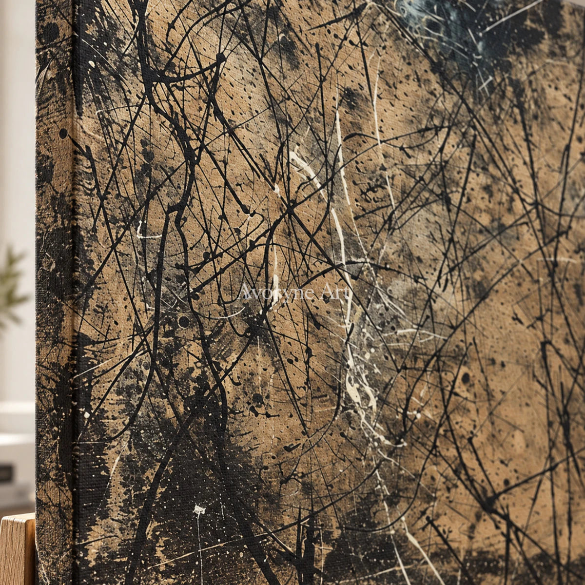 Umber Entanglement: Brown Textured Drip Abstract Wall Art — detail easel
