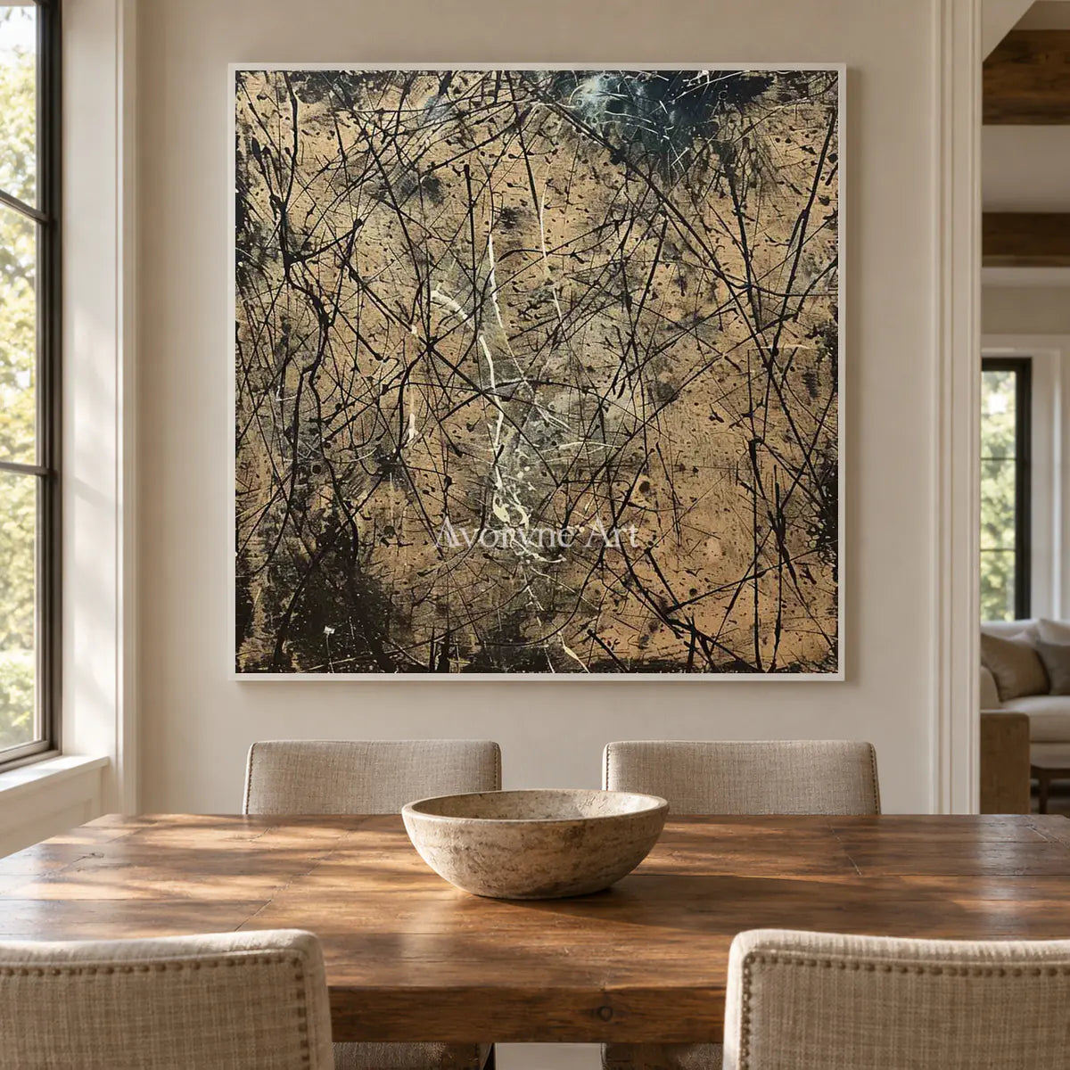 Umber Entanglement: Brown Textured Drip Abstract Wall Art — dining white