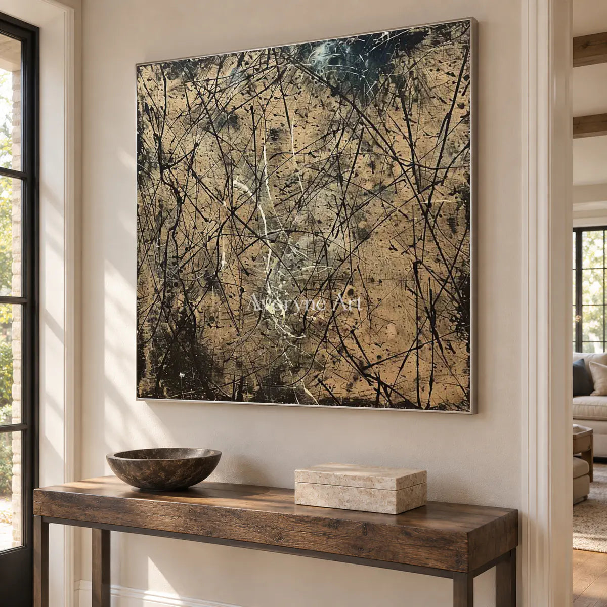 Umber Entanglement: Brown Textured Drip Abstract Wall Art — entry silver