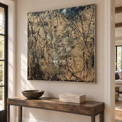 Umber Entanglement: Brown Textured Drip Abstract Wall Art — entry silver