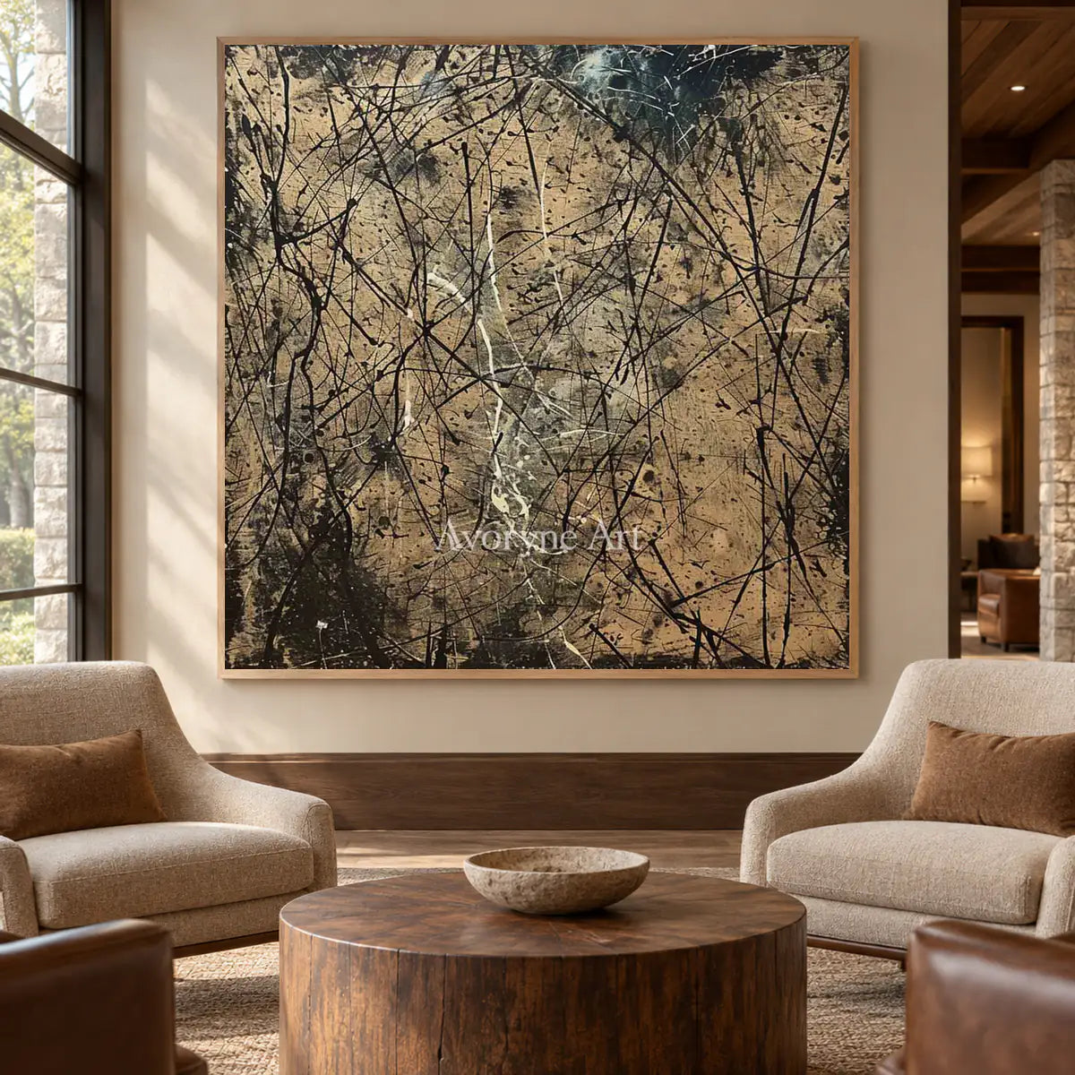 Umber Entanglement: Brown Textured Drip Abstract Wall Art — hotel wood