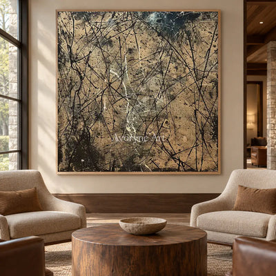Umber Entanglement: Brown Textured Drip Abstract Wall Art — hotel wood