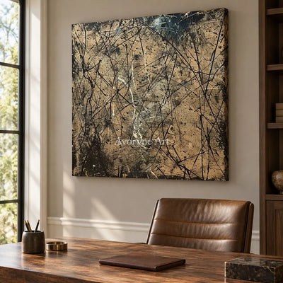 Umber Entanglement: Brown Textured Drip Abstract Wall Art — office frameless