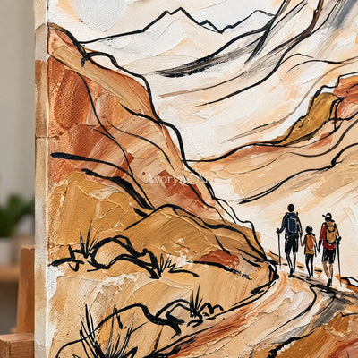 Close-up of the hand-painted texture of Silver Rhythm canyon landscape wall art on an easel