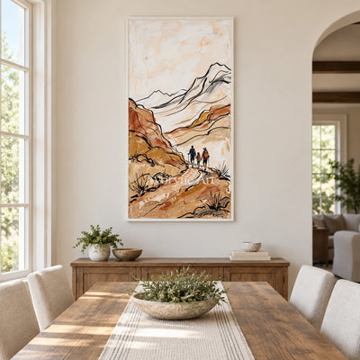Silver Rhythm canyon landscape wall art with a white frame in a dining room