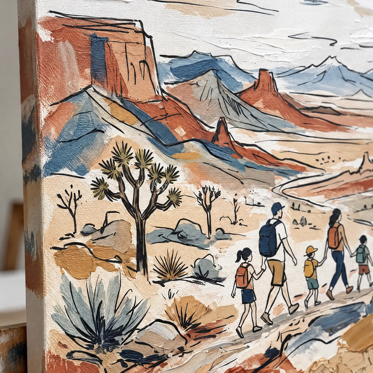 Close-up of the hand-painted texture of Silver Gesture canyon landscape wall art on an easel