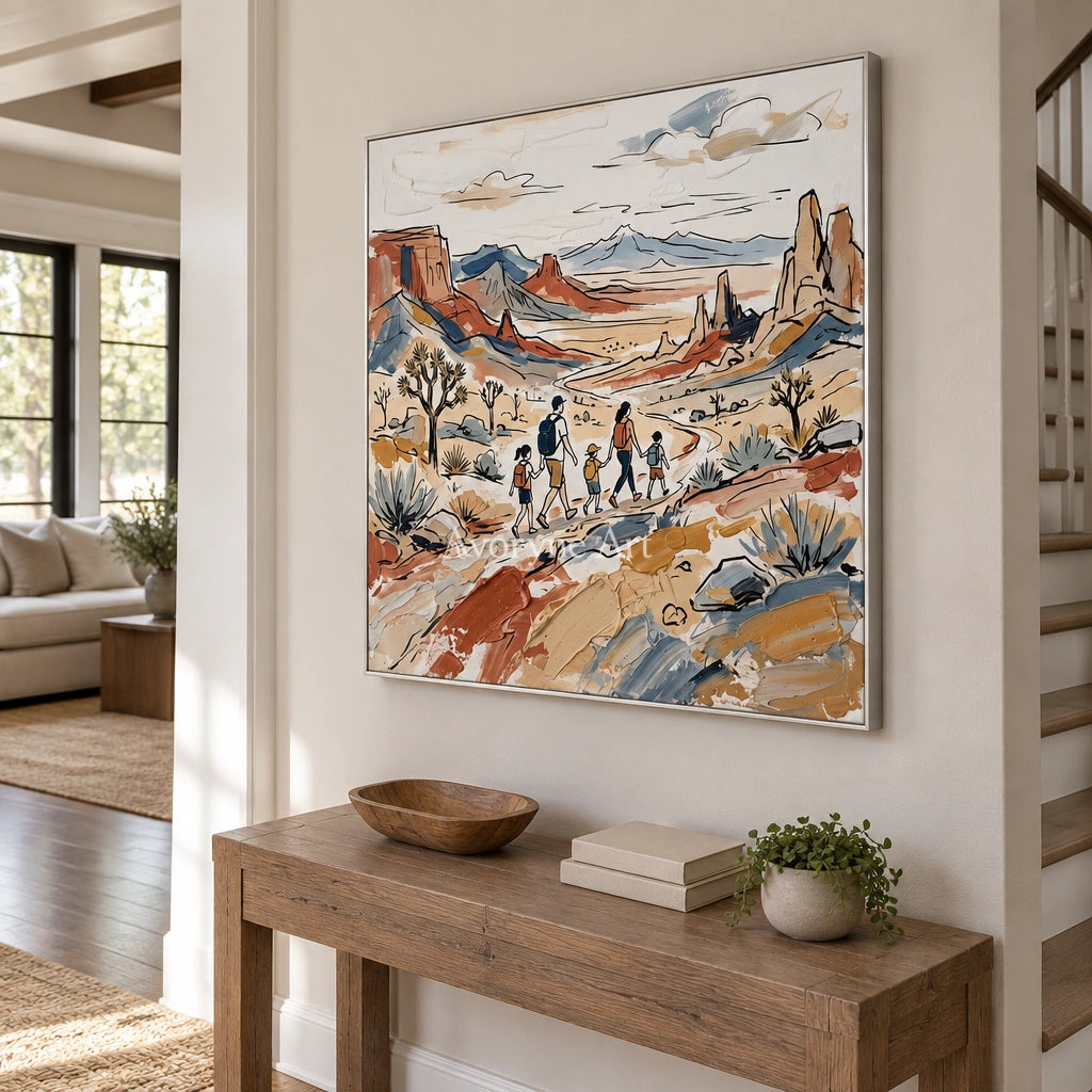 Silver Gesture canyon landscape wall art with a silver frame in an entryway