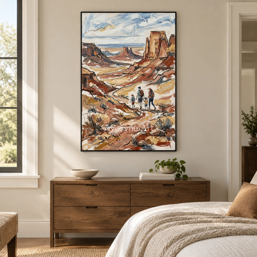 Silver Verse canyon landscape wall art with a black frame above a bed in a bedroom
