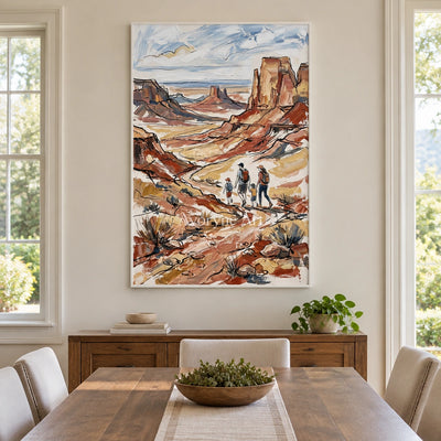 Silver Verse canyon landscape wall art with a white frame in a dining room
