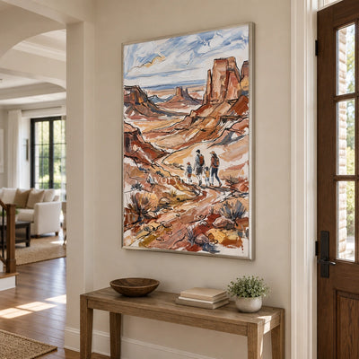 Silver Verse canyon landscape wall art with a silver frame in an entryway