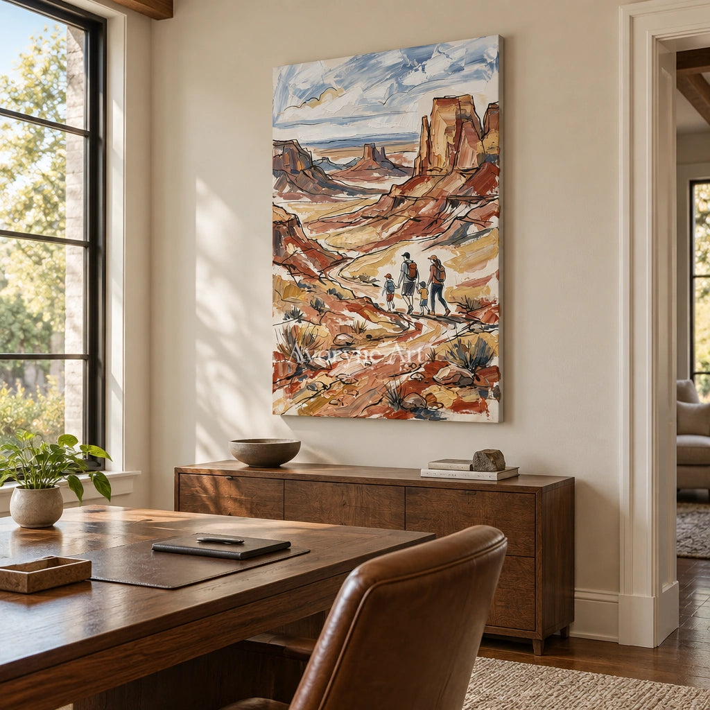 Silver Verse canyon landscape wall art as a frameless stretched canvas in a home office