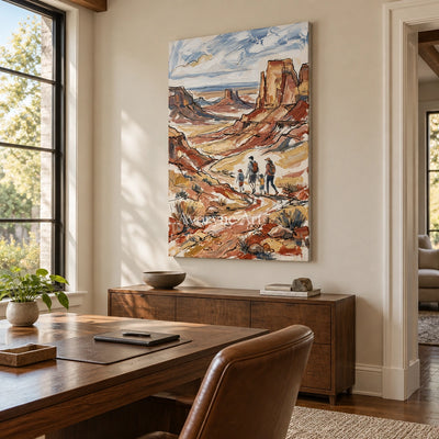 Silver Verse canyon landscape wall art as a frameless stretched canvas in a home office