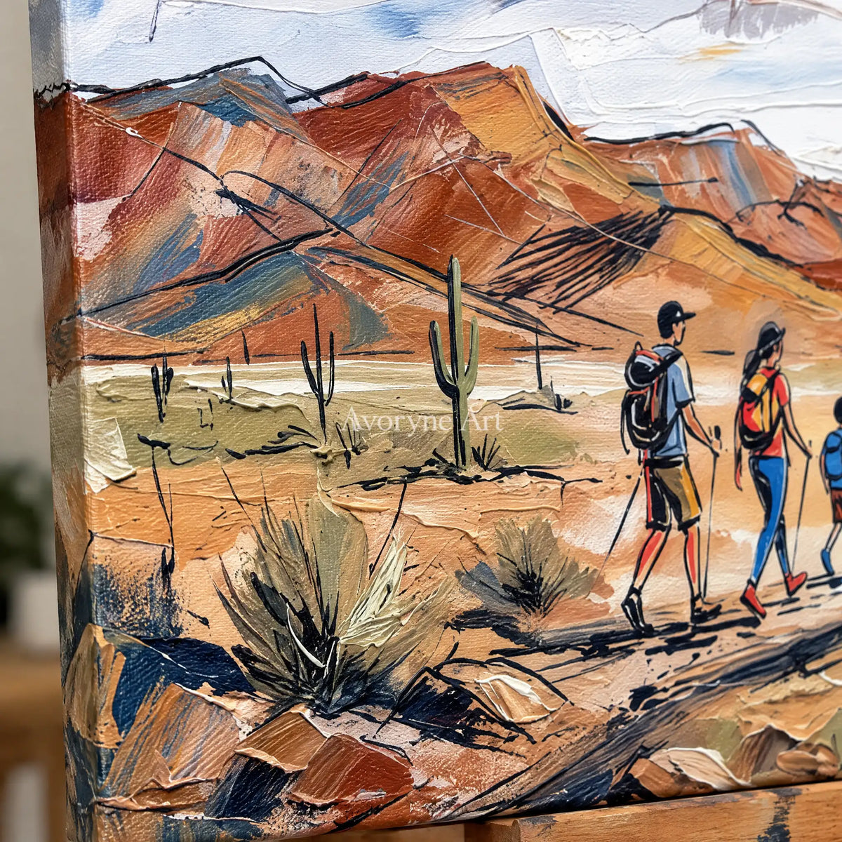 Close-up of the hand-painted texture of Silver Memory canyon landscape wall art on an easel
