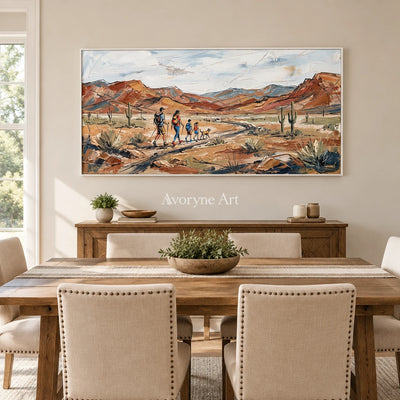 Silver Memory canyon landscape wall art with a white frame in a dining room