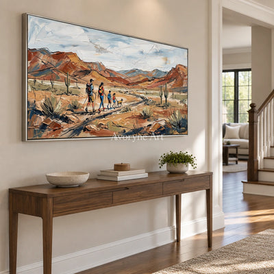 Silver Memory canyon landscape wall art with a silver frame in an entryway