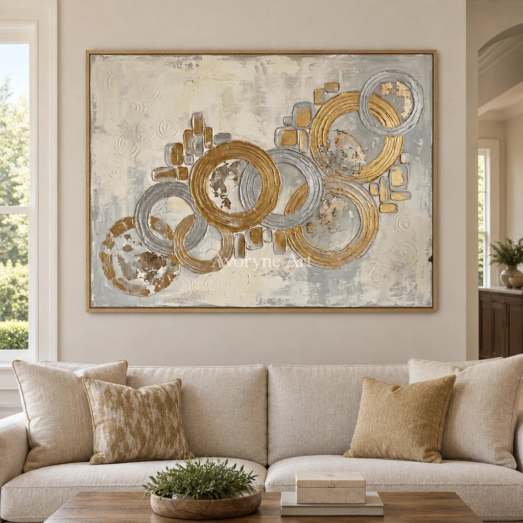 Soft Gesture circle relief wall art with a wood frame in a villa living space