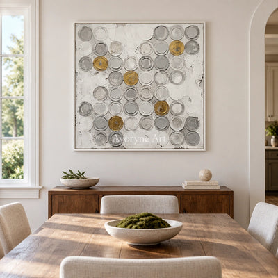 Soft Mosaic circle relief wall art with a white frame in a dining room