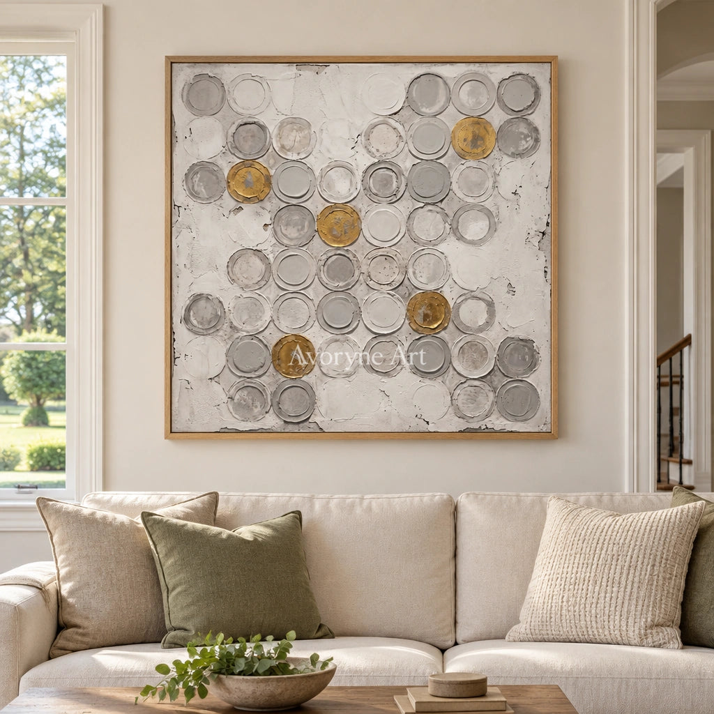 Soft Mosaic circle relief wall art with a wood frame in a villa living space