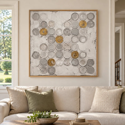 Soft Mosaic circle relief wall art with a wood frame in a villa living space