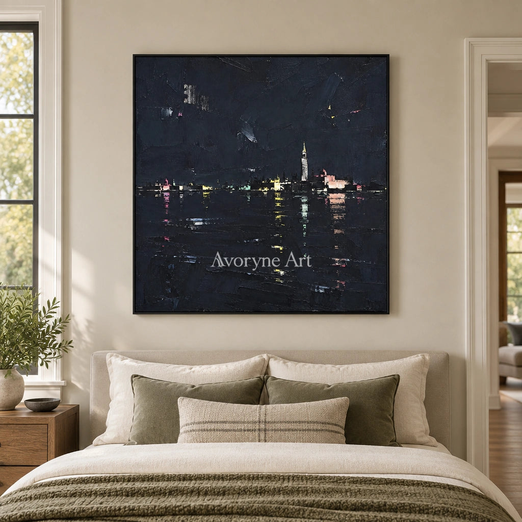 Still Trace cityscape wall art with a black frame above a bed in a bedroom