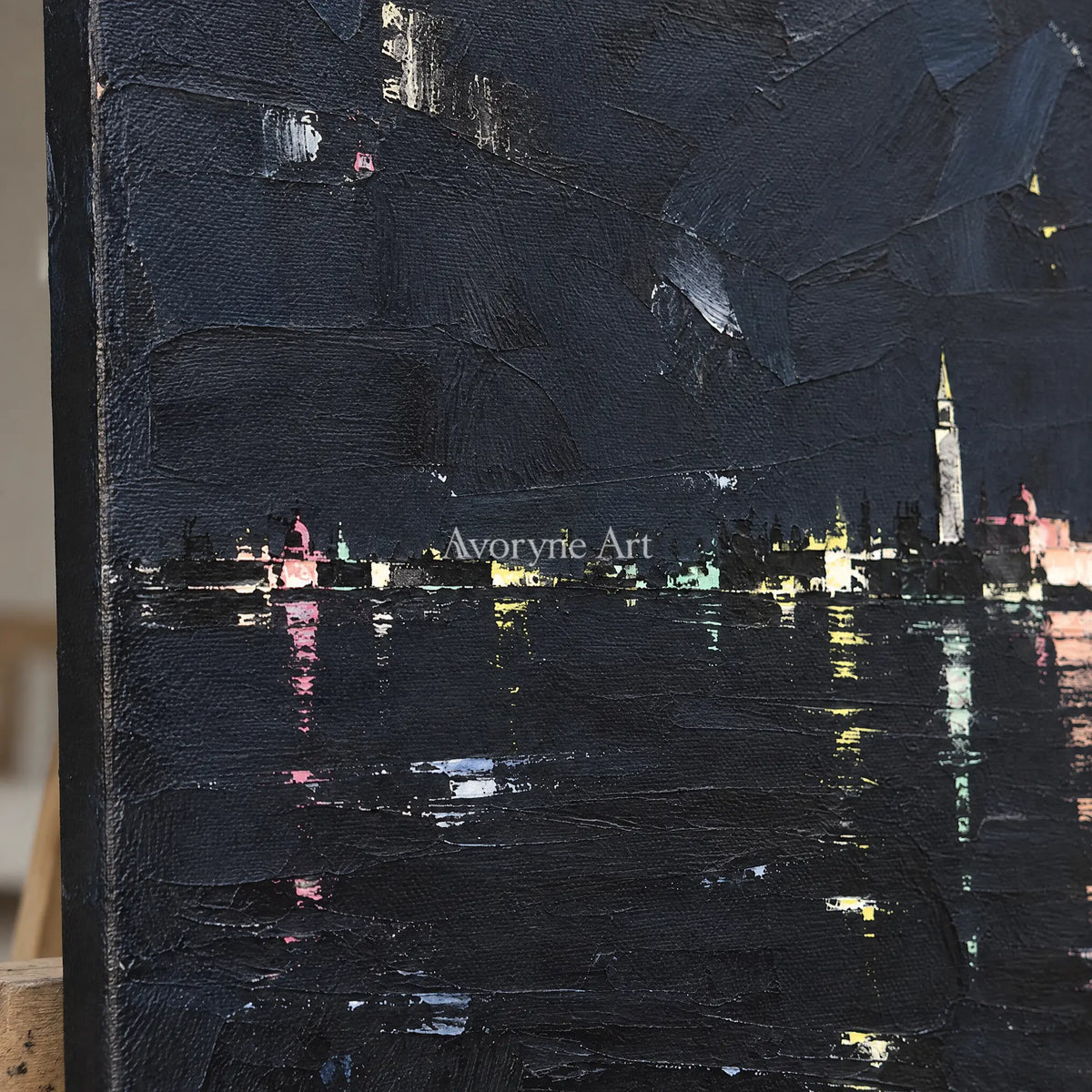 Close-up of the hand-painted texture of Still Trace cityscape wall art on an easel