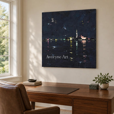 Still Trace cityscape wall art as a frameless stretched canvas in a home office