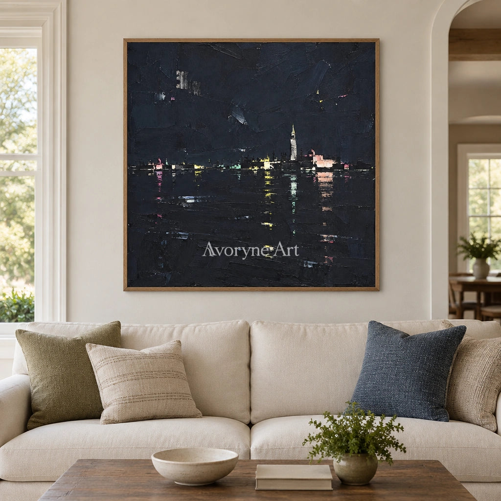 Still Trace cityscape wall art with a wood frame in a villa living space