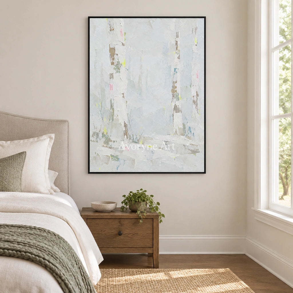 Tender Rhythm cityscape wall art with a black frame above a bed in a bedroom