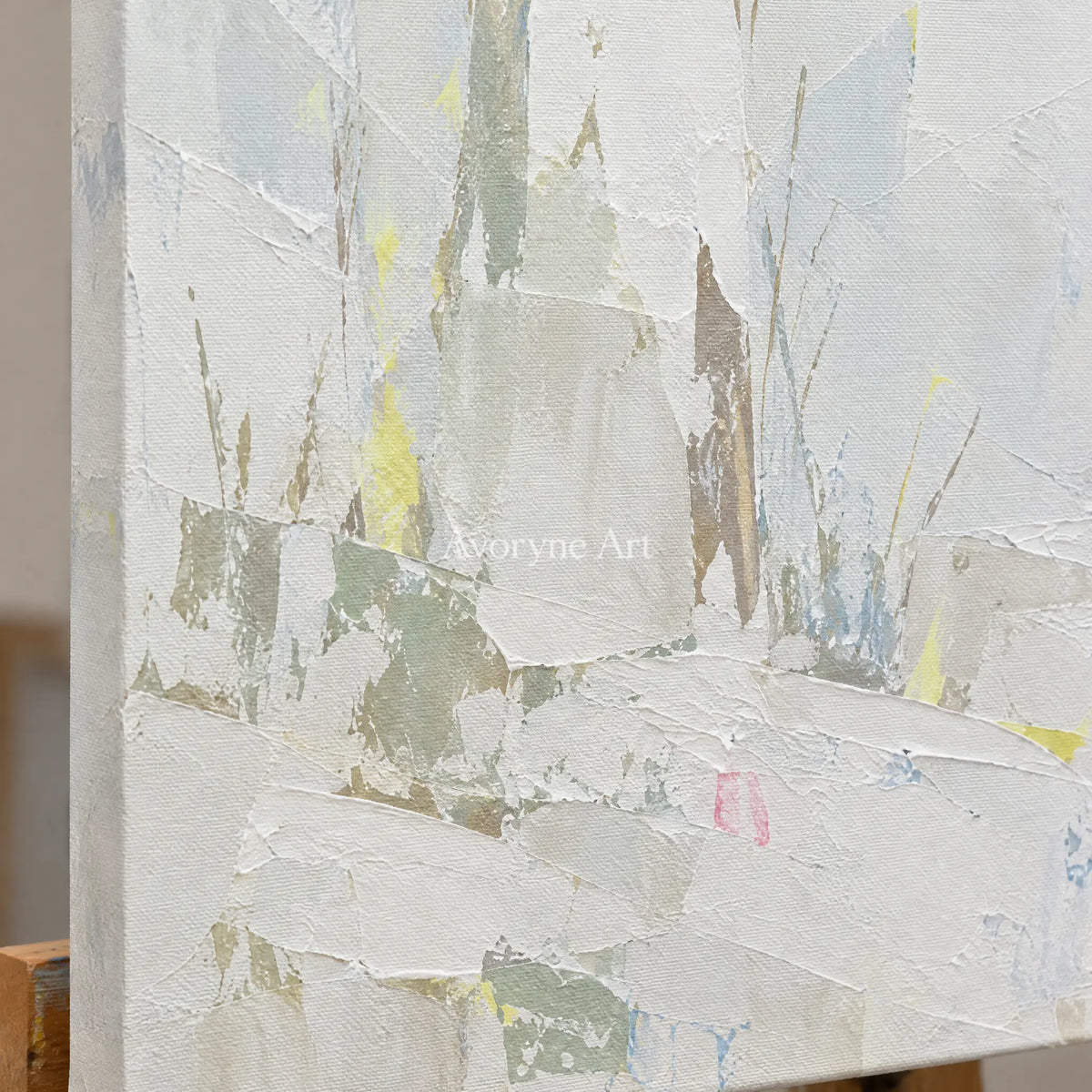 Close-up of the hand-painted texture of Tender Rhythm cityscape wall art on an easel