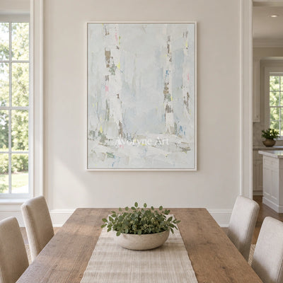 Tender Rhythm cityscape wall art with a white frame in a dining room