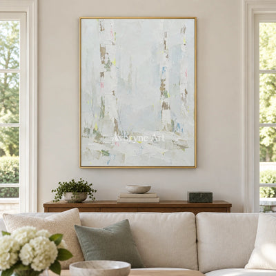 Tender Rhythm cityscape wall art with a gold frame hanging in a living room