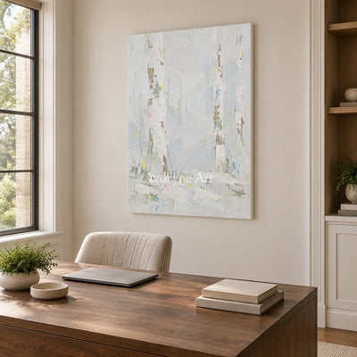Tender Rhythm cityscape wall art as a frameless stretched canvas in a home office