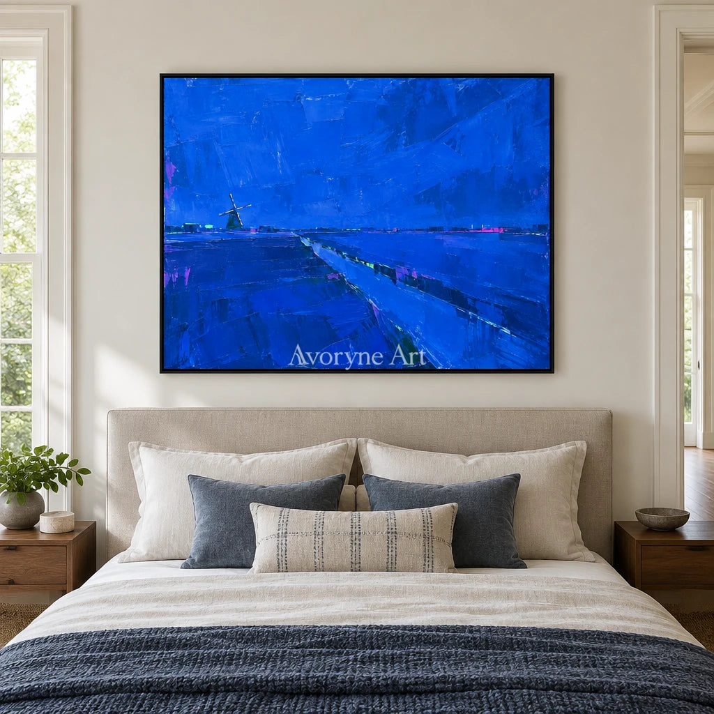 Tender Verse cityscape wall art with a black frame above a bed in a bedroom