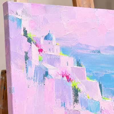 Close-up of the hand-painted texture of Tender Prelude cityscape wall art on an easel