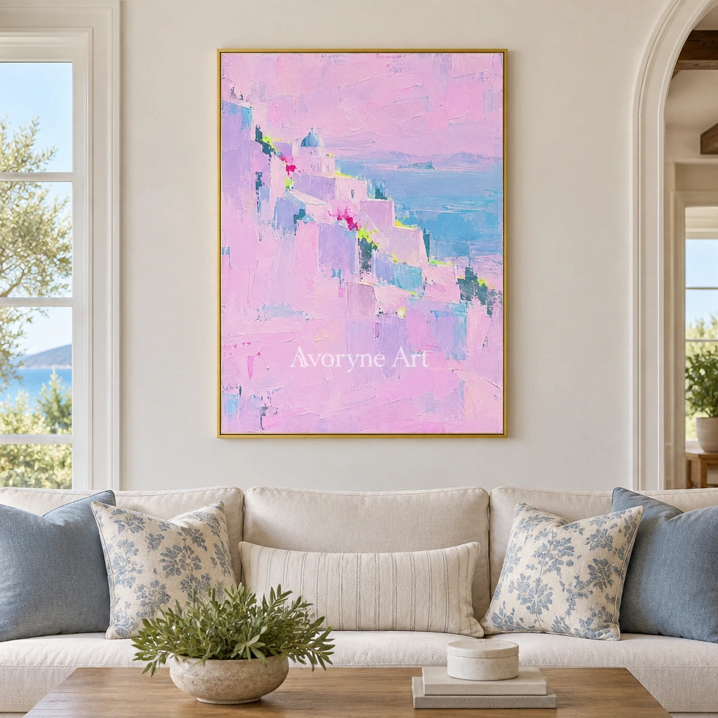 Tender Prelude cityscape wall art with a gold frame hanging in a living room
