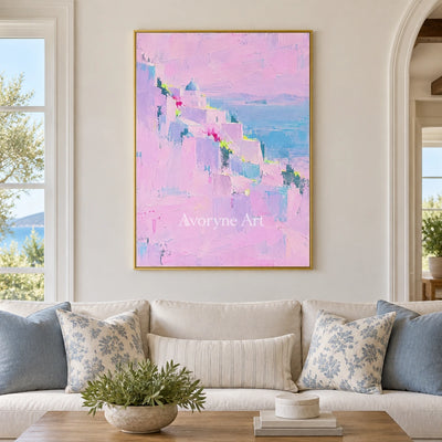 Tender Prelude cityscape wall art with a gold frame hanging in a living room