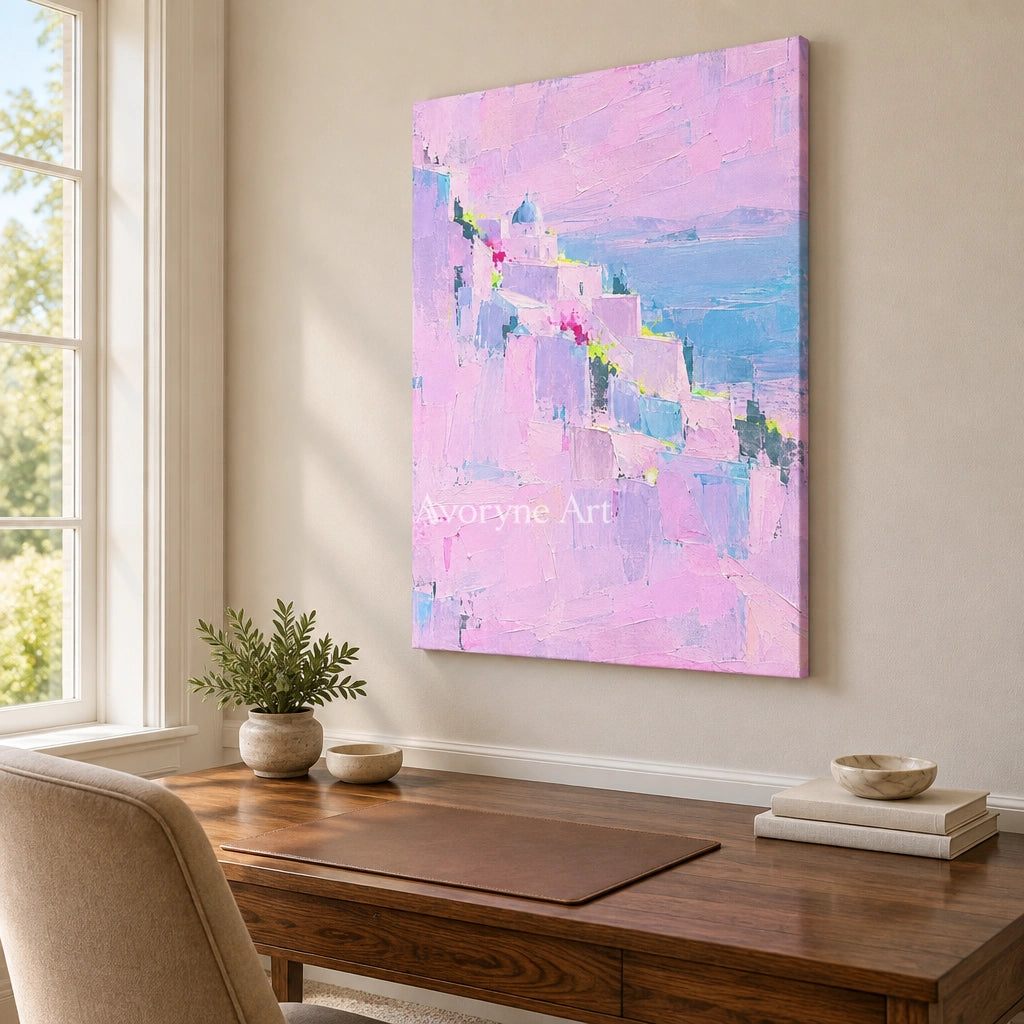 Tender Prelude cityscape wall art as a frameless stretched canvas in a home office