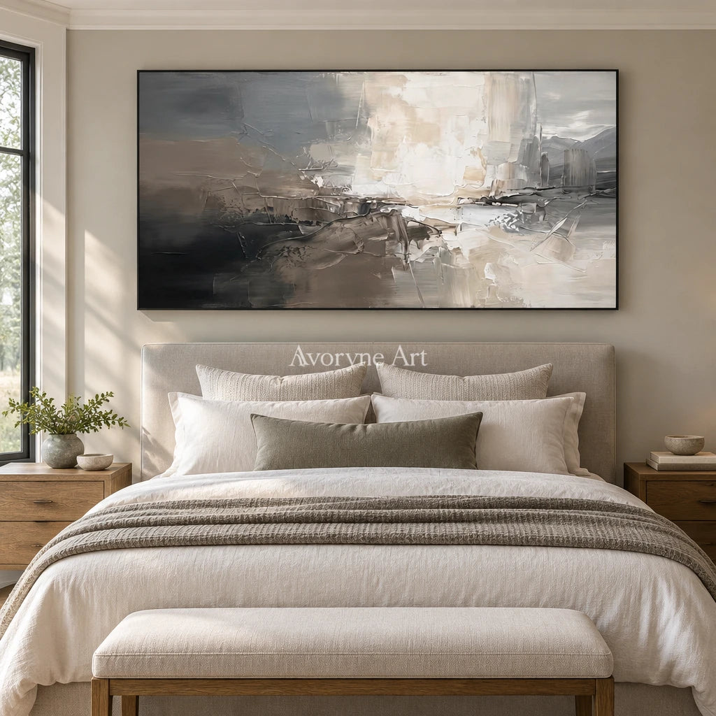 Bright Memory cityscape wall art with a black frame above a bed in a bedroom