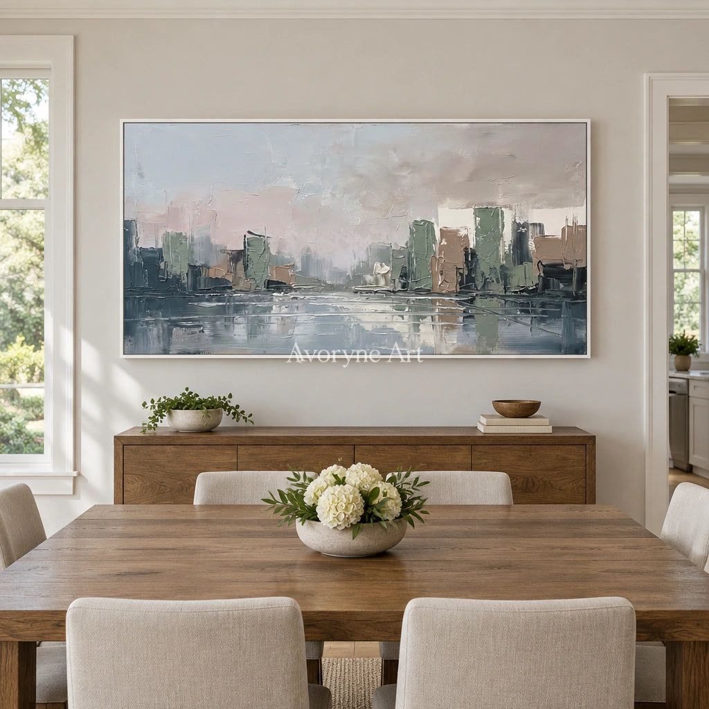 Bright Current cityscape wall art with a white frame in a dining room